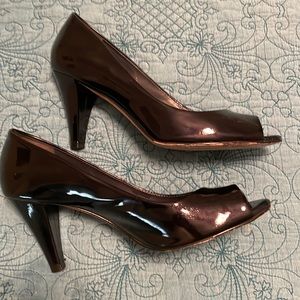 Navy patent peep toe heels